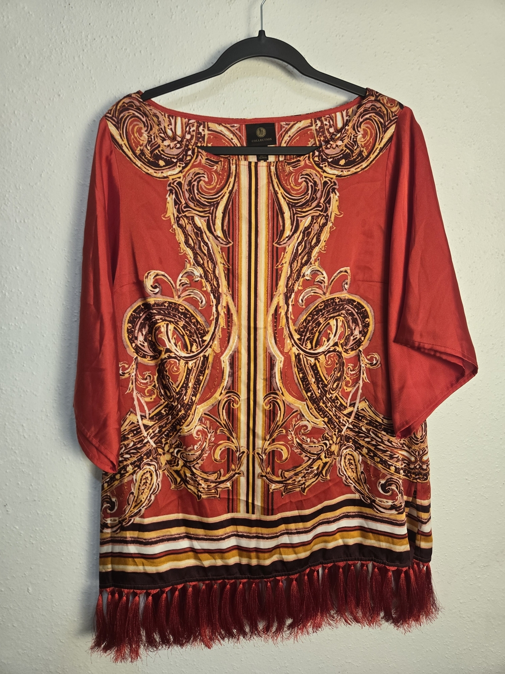 JM Collection Red Printed Fringe Hem Tunic with Gold Accents